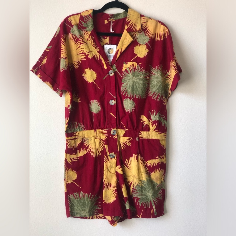 Free People Red Floral Print Short Sleeve Romper
